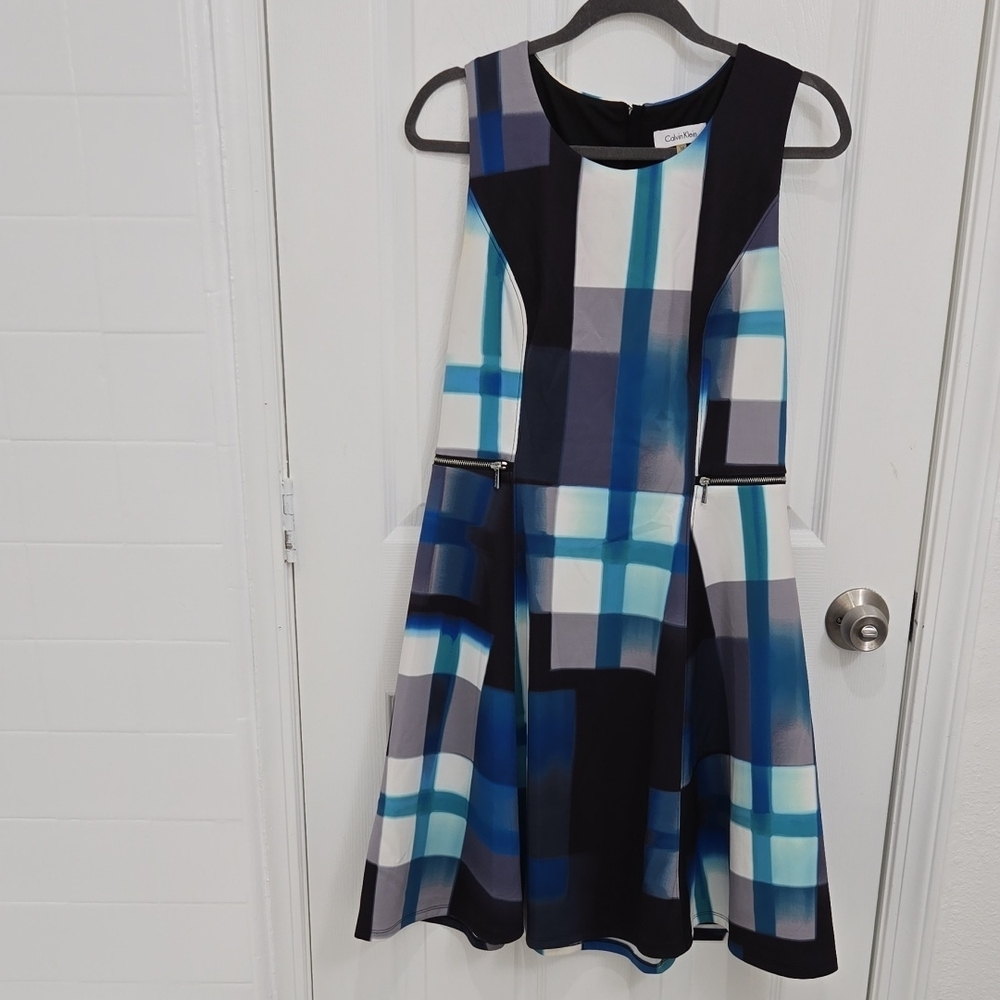 Calvin Klein Navy and Blue Plaid Fit-and-Flare Midi Dress